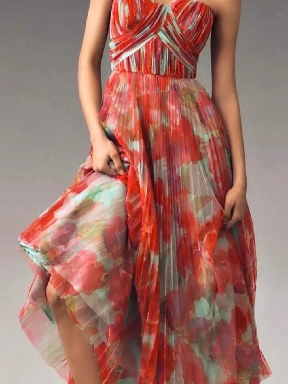 Hutch Corene Strapless Floral Tulle A-Line Midi Dress Red & Green